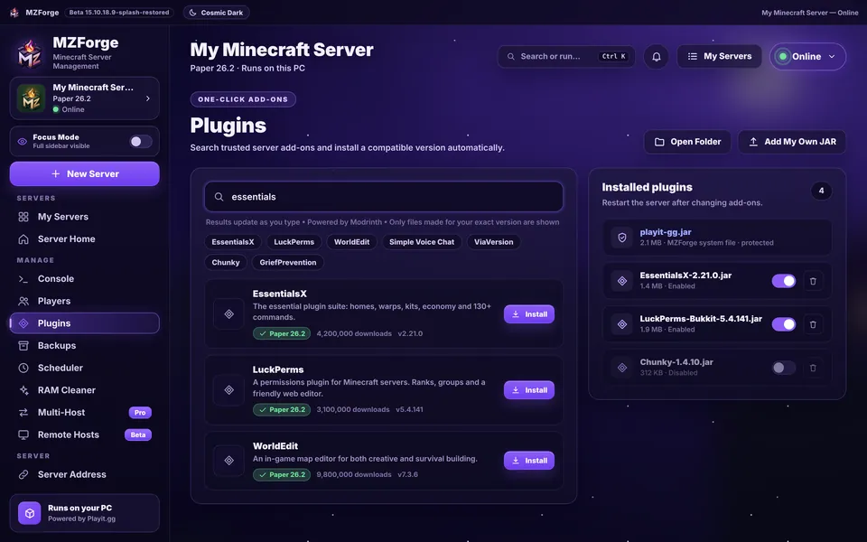 MZForge tutorial screenshot: Real add-ons screen