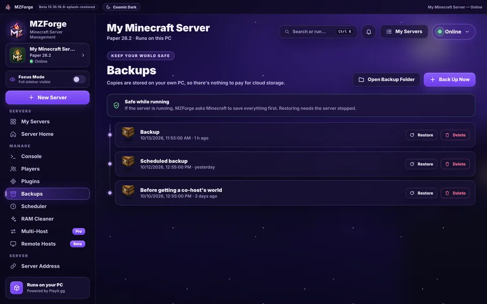 Backups: a timeline of manual and scheduled backups, each with Restore and Delete buttons.