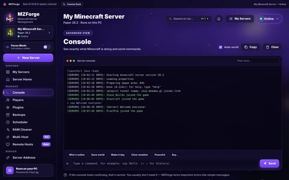 MZForge tutorial screenshot: Real MZForge console