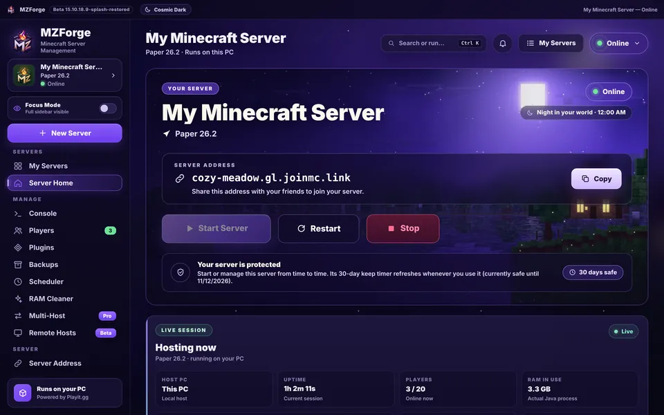 MZForge tutorial screenshot: Playit sign-in happens in your browser