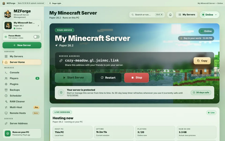 MZForge tutorial screenshot: Start Server Home