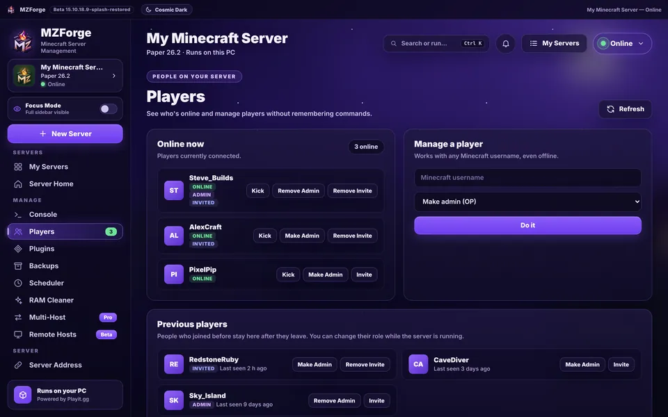 MZForge tutorial screenshot: Players management screen