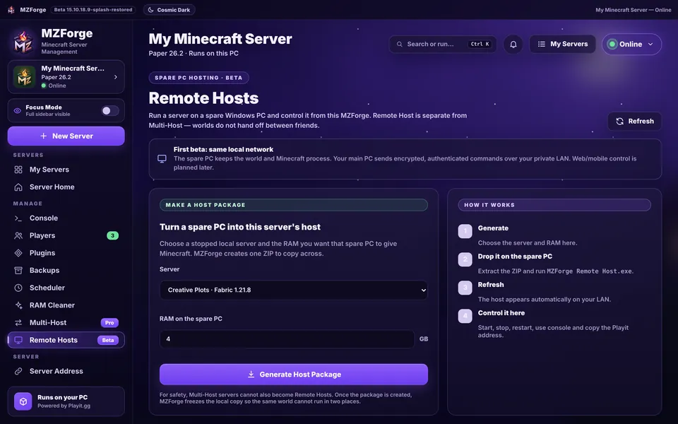 Remote Hosts beta: choose a stopped server and the RAM for a spare PC, then generate a Host Package.