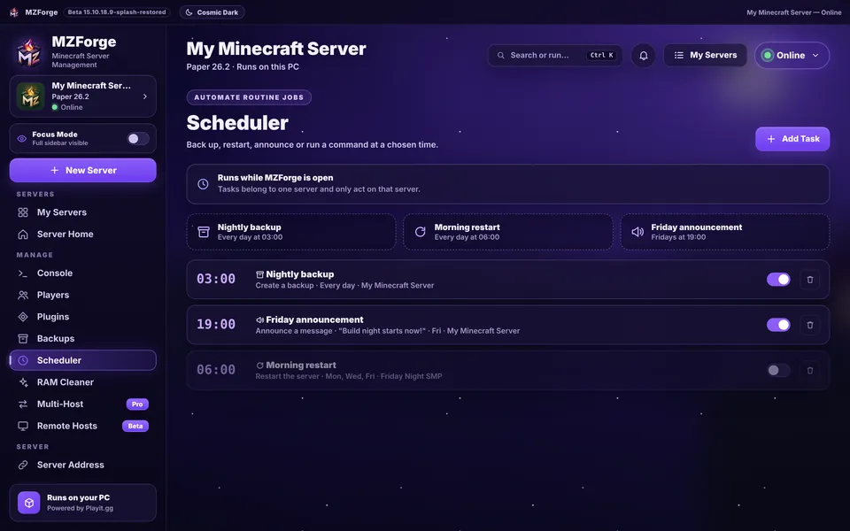 Scheduler: a nightly backup, a Friday announcement and a morning restart, each with an on/off switch.