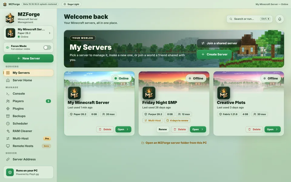 MZForge tutorial screenshot: Choose your server