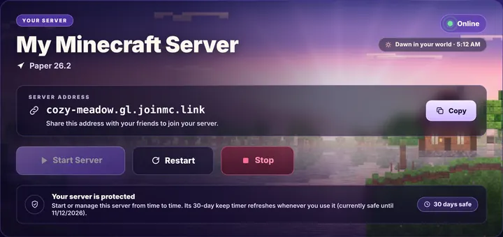 Server Home at dawn in the Minecraft world.