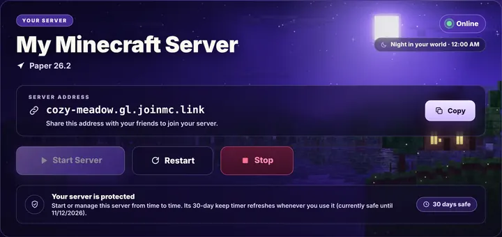 Server Home at night in the Minecraft world.