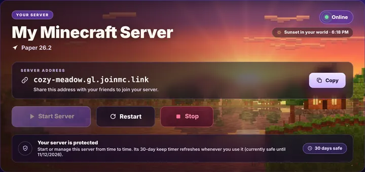 Server Home at sunset in the Minecraft world.