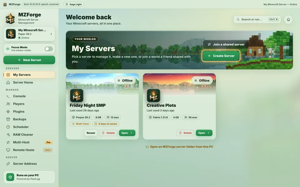 My Servers with the Create Server button highlighted.