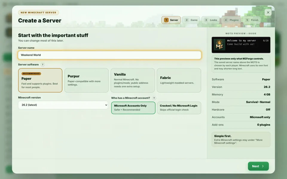 The Create a Server window with the server name Weekend World typed in.