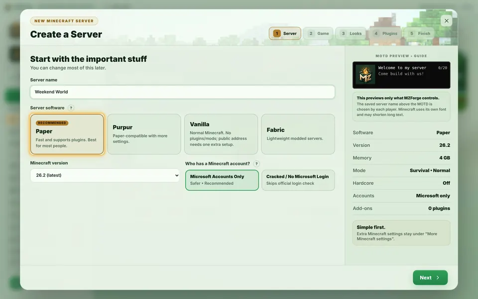 Paper selected in the Create a Server window.
