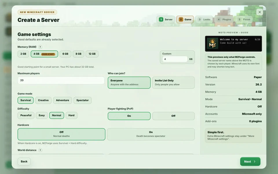 The Game step with memory, players, game mode and difficulty choices.
