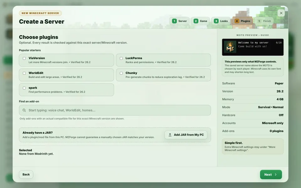 The Plugins step with suggested plugins verified for Minecraft 26.2.