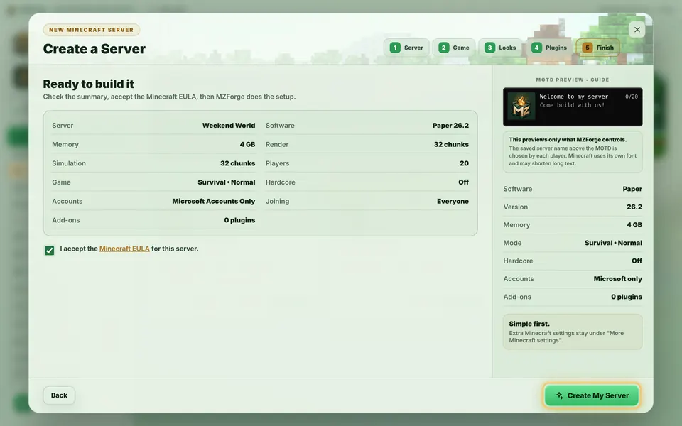 The Finish step with the EULA ticked and the Create My Server button highlighted.