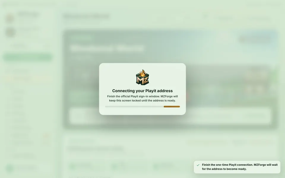MZForge waiting with the message Connecting your Playit address.