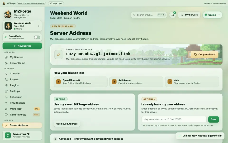 The Server Address page with Copy Address and the three join steps.