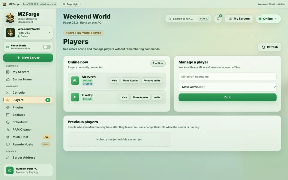 The Players page showing two friends online.