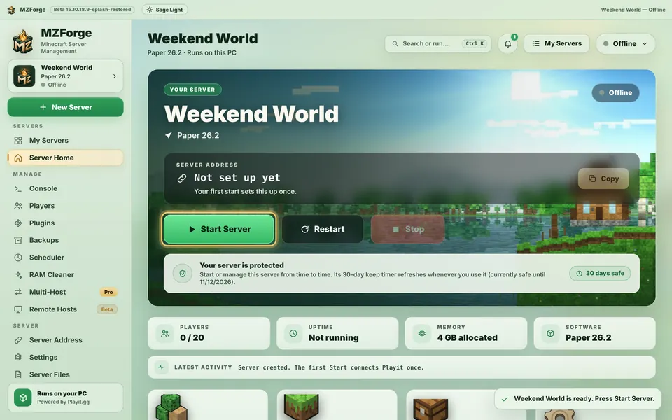 Server Home for Weekend World with the Start Server button highlighted.