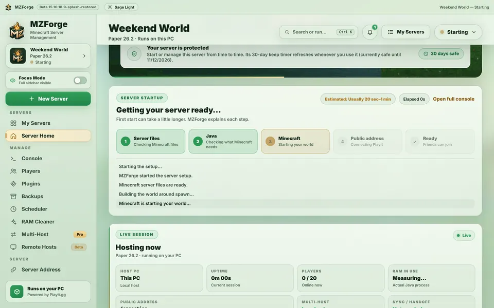 The startup card with Server files and Java done and Minecraft starting.